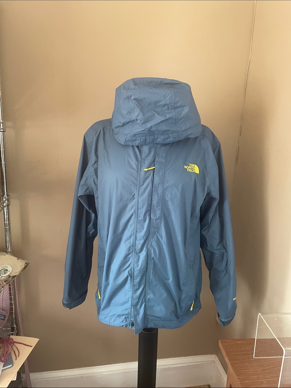 The North Face Men’s Teal Hooded Raincoat with  Yellow Accents